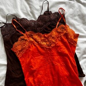 Lace Trim Camisole Set in Orange and Brown